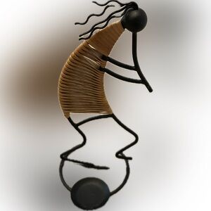 Vintage Black Metal Candle Holder Dancer Woven Rattan Girl Playing a Horn